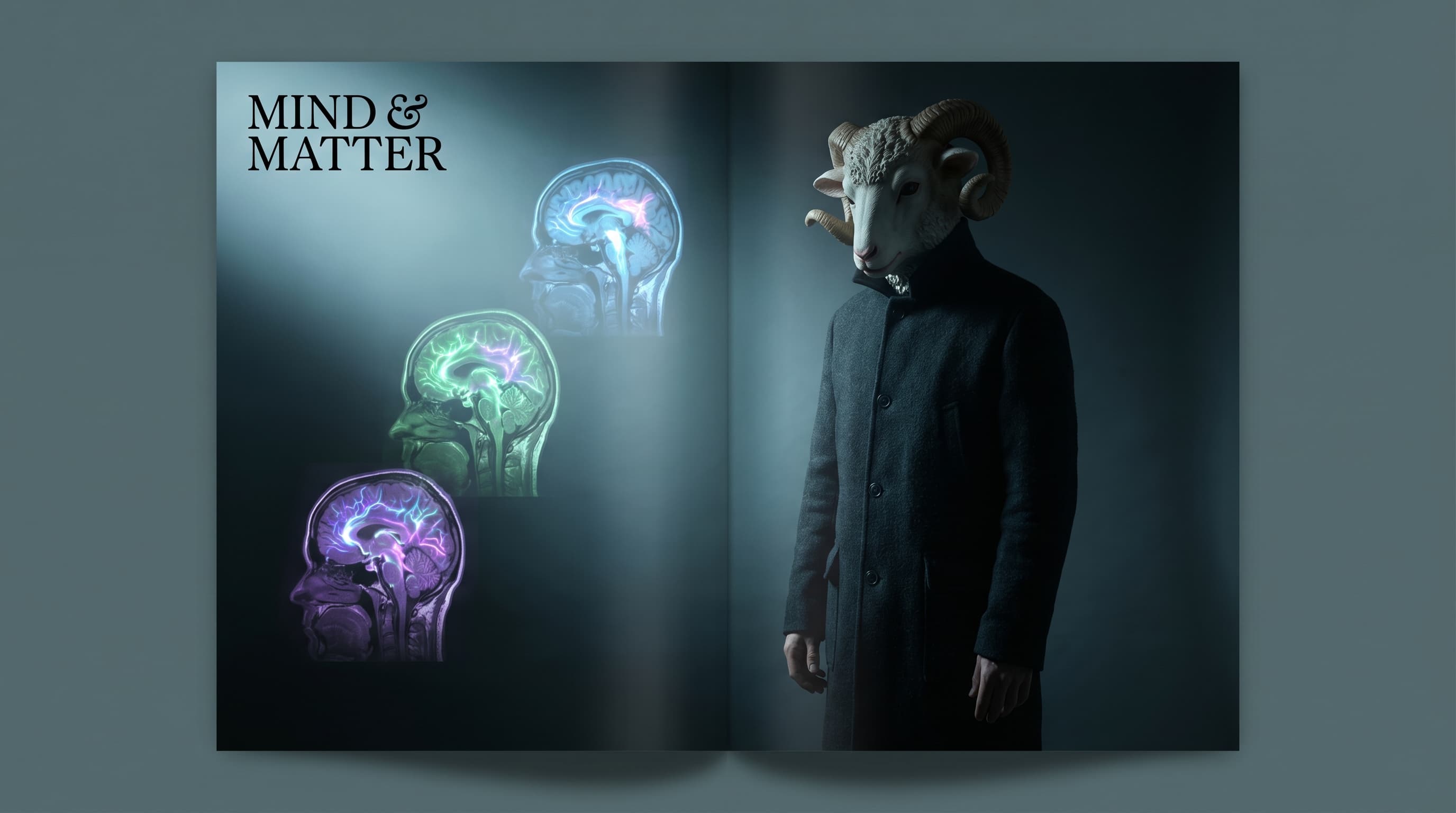 standing in a dim editorial studio with three glowing transparent brain scans floating at different heights beside them, each scan highlighting a different neural circuit in a distinct colour — cool cinematic key light, deep shadows, moody magazine cover aesthetic